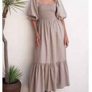 Bali Lane - Almeria Smocked Midi Linen Dress in Ecru